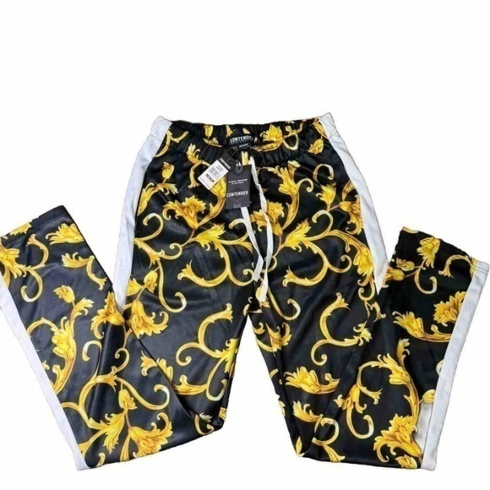 Contender Womens Track Pants Large Black‎ White Yellow Floral Pockets Polyester